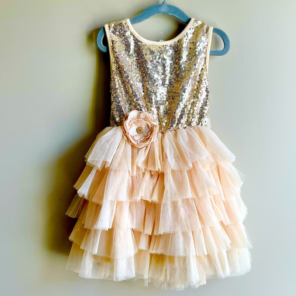 Gold /Blush Multi Tier Sequin Flower Dress Girls